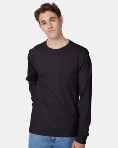 Hanes 5596 Unisex Authentic Long Sleeve Pocket T-Shirt – Black (on model)