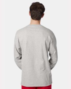 Hanes 5596 Unisex Authentic Long Sleeve Pocket T-Shirt – Light Steel (on model back)