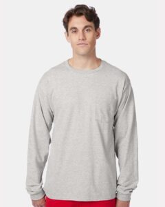 Hanes 5596 Unisex Authentic Long Sleeve Pocket T-Shirt – Light Steel (on model)
