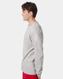 Hanes 5596 Unisex Authentic Long Sleeve Pocket T-Shirt – Light Steel (on model side)