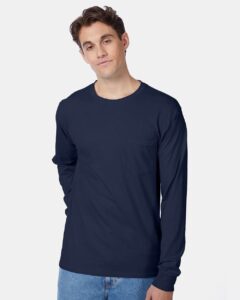 Hanes 5596 Unisex Authentic Long Sleeve Pocket T-Shirt – Navy (on model)