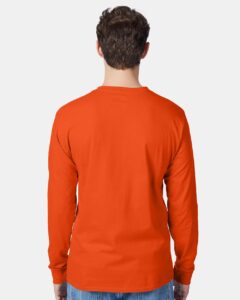 Hanes 5596 Unisex Authentic Long Sleeve Pocket T-Shirt – Orange (on model back)