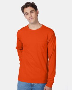 Hanes 5596 Unisex Authentic Long Sleeve Pocket T-Shirt – Orange (on model)