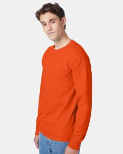 Hanes 5596 Unisex Authentic Long Sleeve Pocket T-Shirt – Orange (on model side)