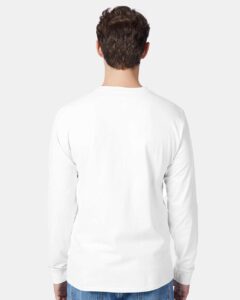Hanes 5596 Unisex Authentic Long Sleeve Pocket T-Shirt – White (on model back)