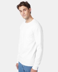 Hanes 5596 Unisex Authentic Long Sleeve Pocket T-Shirt – White (on model side)