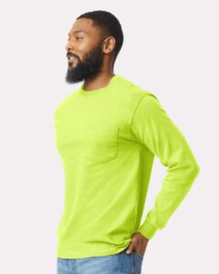 Gildan 2410 Unisex Ultra Cotton® Long Sleeve Pocket T-Shirt – Safety Green (on model side)