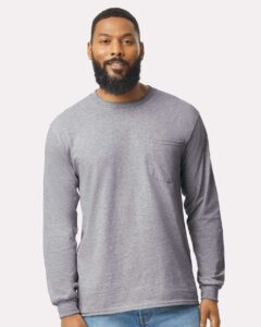 Gildan 2410 Unisex Ultra Cotton® Long Sleeve Pocket T-Shirt – Sport Grey (on model)