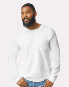 Gildan 2410 Unisex Ultra Cotton® Long Sleeve Pocket T-Shirt – White (on model)