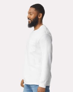 Gildan 2410 Unisex Ultra Cotton® Long Sleeve Pocket T-Shirt – White (on model side)