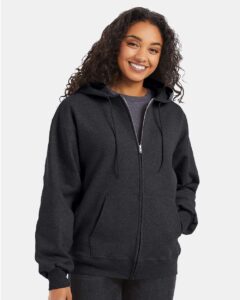 Hanes F280 Unisex Ultimate Cotton® Full-Zip Hooded Sweatshirt – Charcoal Heather (on model)
