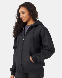 Hanes F280 Unisex Ultimate Cotton® Full-Zip Hooded Sweatshirt – Charcoal Heather (on model side)