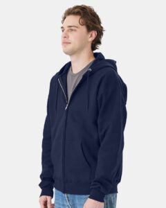 Hanes F280 Unisex Ultimate Cotton® Full-Zip Hooded Sweatshirt – Navy (on model side)