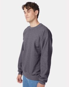 Hanes F260 Unisex Ultimate Cotton® Crewneck Sweatshirt – Charcoal Heather (on model side)