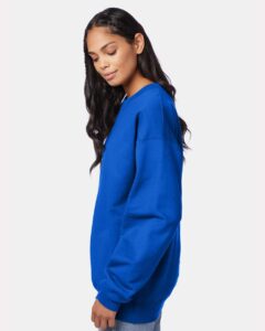 Hanes F260 Unisex Ultimate Cotton® Crewneck Sweatshirt – Deep Royal (on model side)