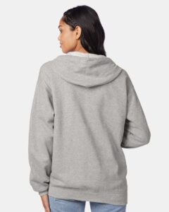 Hanes P180 Unisex EcoSmart® Full-Zip Hooded Sweatshirt – Light Steel (on model back)