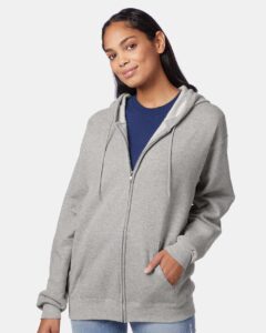 Hanes P180 Unisex EcoSmart® Full-Zip Hooded Sweatshirt – Light Steel (on model)
