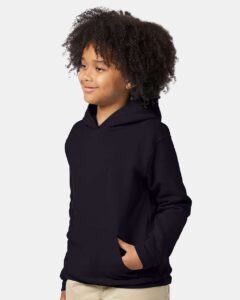 Hanes P473 Youth EcoSmart® Hooded Sweatshirt – Black (on model side)