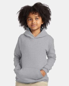 Hanes P473 Youth EcoSmart® Hooded Sweatshirt – Light Steel (on model)