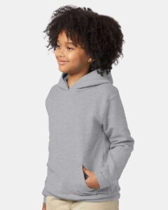 Hanes P473 Youth EcoSmart® Hooded Sweatshirt – Light Steel (on model side)