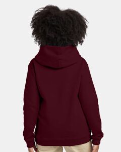 Hanes P473 Youth EcoSmart® Hooded Sweatshirt – Maroon (on model back)