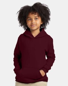 Hanes P473 Youth EcoSmart® Hooded Sweatshirt – Maroon (on model)