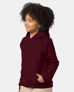 Hanes P473 Youth EcoSmart® Hooded Sweatshirt – Maroon (on model side)
