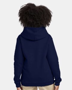 Hanes P473 Youth EcoSmart® Hooded Sweatshirt – Navy (on model back)