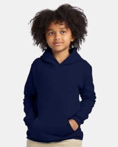 Hanes P473 Youth EcoSmart® Hooded Sweatshirt – Navy (on model)