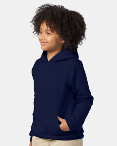Hanes P473 Youth EcoSmart® Hooded Sweatshirt – Navy (on model side)
