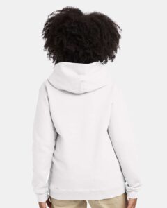 Hanes P473 Youth EcoSmart® Hooded Sweatshirt – White (on model back)