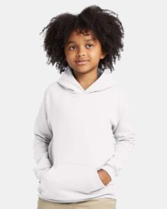Hanes P473 Youth EcoSmart® Hooded Sweatshirt – White (on model)