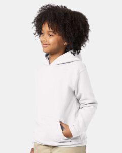 Hanes P473 Youth EcoSmart® Hooded Sweatshirt – White (on model side)