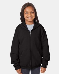 Hanes P480 Youth EcoSmart® Full-Zip Hooded Sweatshirt – Black (on model)