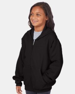 Hanes P480 Youth EcoSmart® Full-Zip Hooded Sweatshirt – Black (on model side)