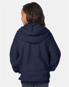 Hanes P480 Youth EcoSmart® Full-Zip Hooded Sweatshirt – Navy (on model back)