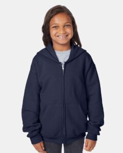 Hanes P480 Youth EcoSmart® Full-Zip Hooded Sweatshirt – Navy (on model)