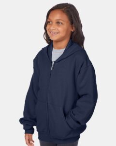 Hanes P480 Youth EcoSmart® Full-Zip Hooded Sweatshirt – Navy (on model side)