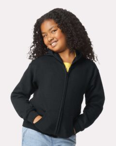 Gildan 18600B Youth Heavy Blend™ Full-Zip Hooded Sweatshirt – Black (on model)