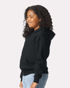 Gildan 18600B Youth Heavy Blend™ Full-Zip Hooded Sweatshirt – Black (on model side)