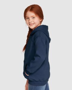 Gildan 18600B Youth Heavy Blend™ Full-Zip Hooded Sweatshirt – Navy (on model side)