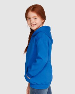 Gildan 18600B Youth Heavy Blend™ Full-Zip Hooded Sweatshirt – Royal (on model side)