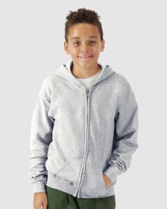 Gildan 18600B Youth Heavy Blend™ Full-Zip Hooded Sweatshirt – Sport Grey (on model)
