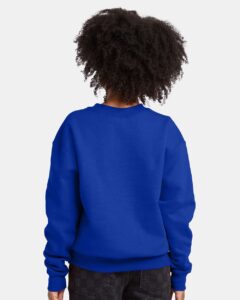 Hanes P360 Youth EcoSmart® Crewneck Sweatshirt – Deep Royal (on model back)