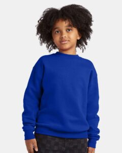 Hanes P360 Youth EcoSmart® Crewneck Sweatshirt – Deep Royal (on model)