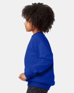 Hanes P360 Youth EcoSmart® Crewneck Sweatshirt – Deep Royal (on model side)