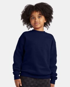 Hanes P360 Youth EcoSmart® Crewneck Sweatshirt – Navy (on model)