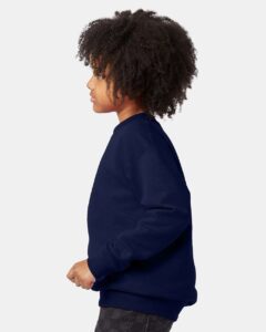 Hanes P360 Youth EcoSmart® Crewneck Sweatshirt – Navy (on model side)