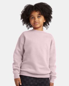 Hanes P360 Youth EcoSmart® Crewneck Sweatshirt – Pale Pink (on model)