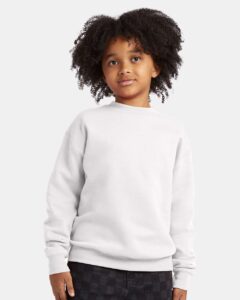 Hanes P360 Youth EcoSmart® Crewneck Sweatshirt – White (on model)
